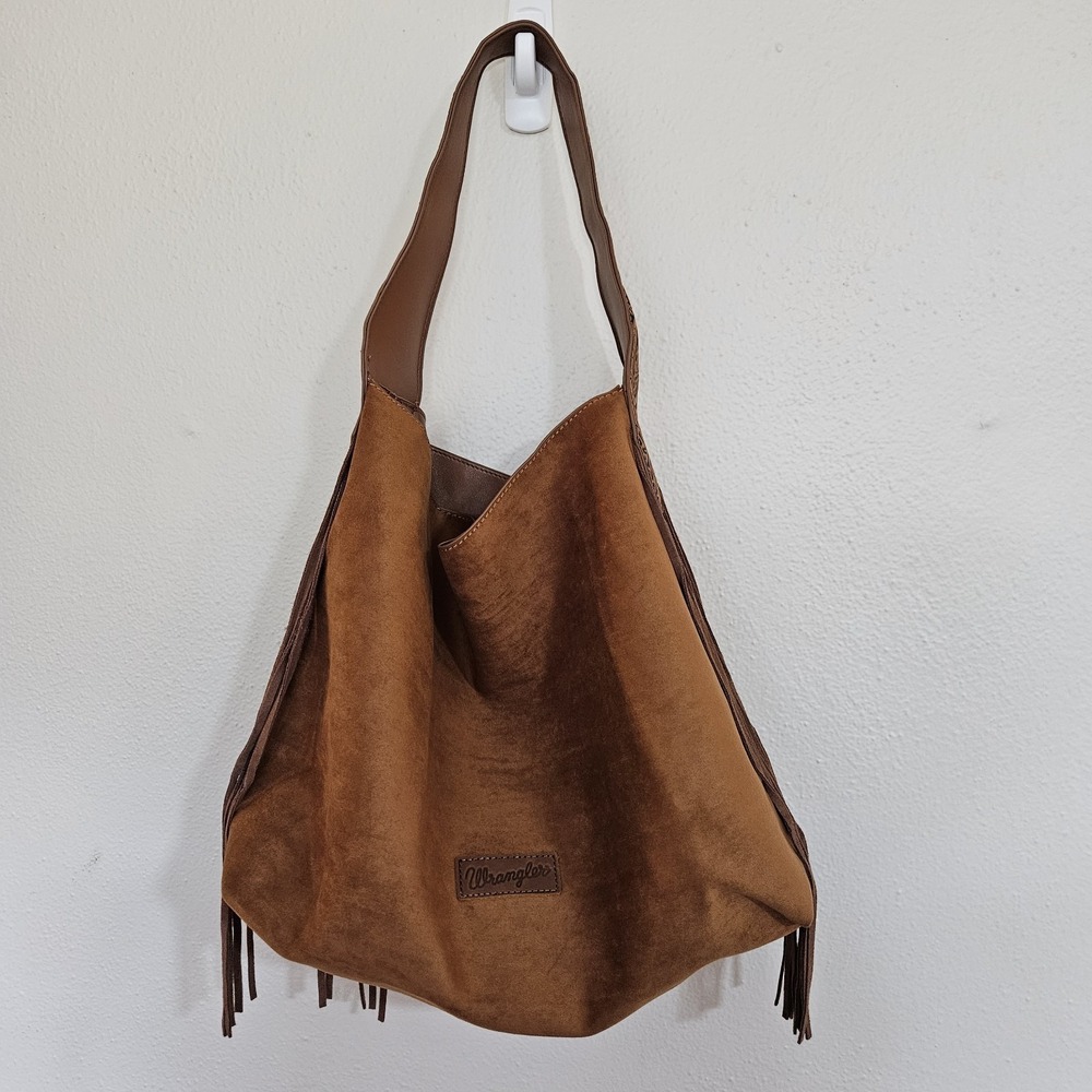 Wrangler Faux Suede Fringe Floral Tooled Shoulder Hobo Bag - Brown / Coffee